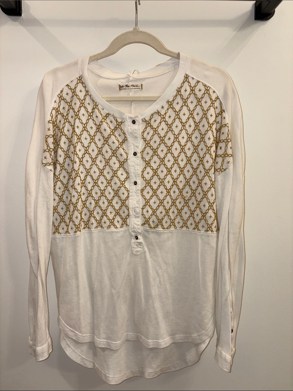 Free People White Long-Sleeve Henley with Gold Embroidered Yoke